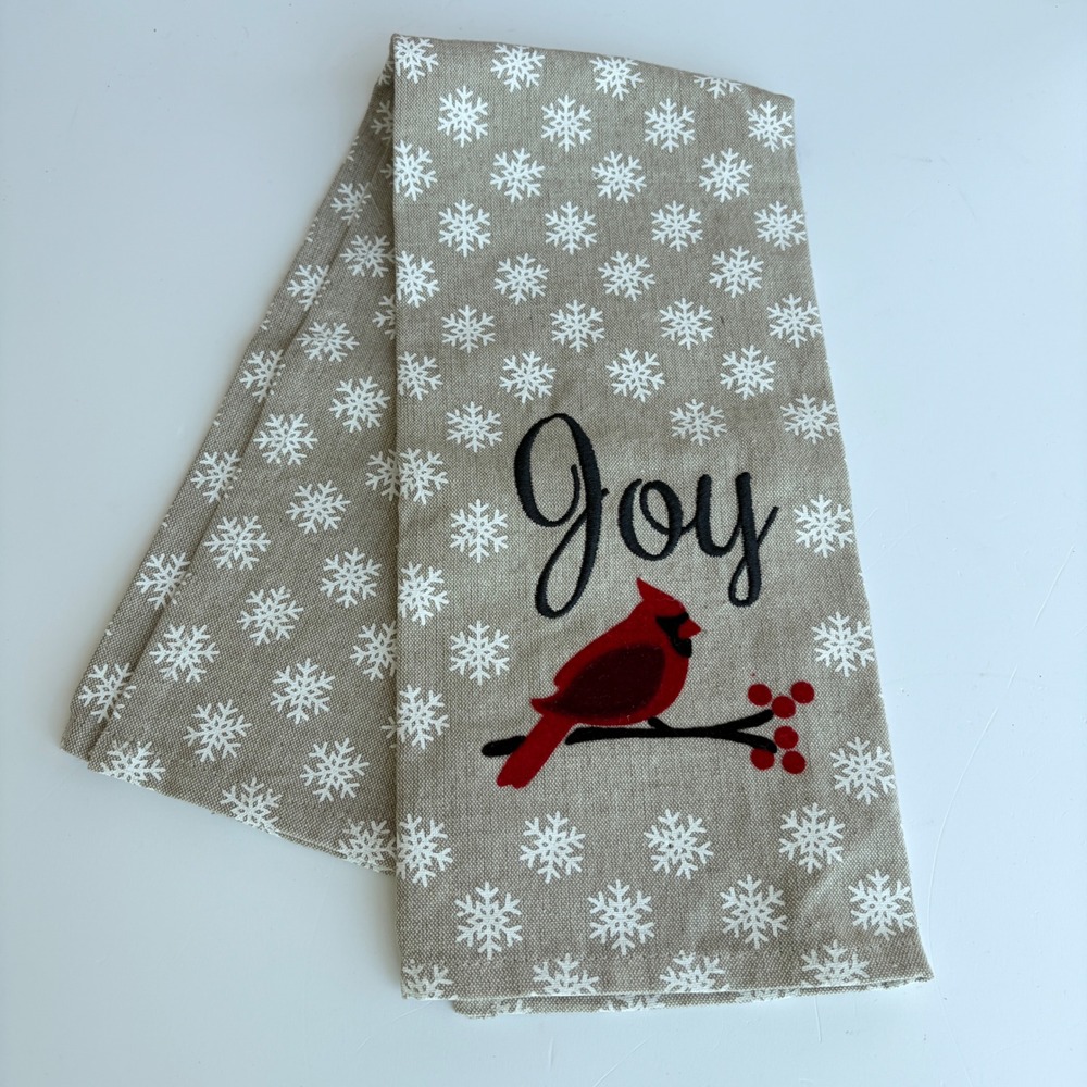 Joy Cardinal Christmas Tea Towel Snowflake Embroidered Holiday Kitchen Towel